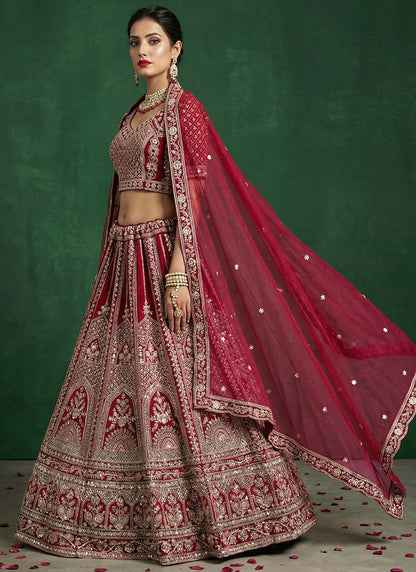 Red Satin Embroidery Work Bridal Wear Lehenga Choli SW281130