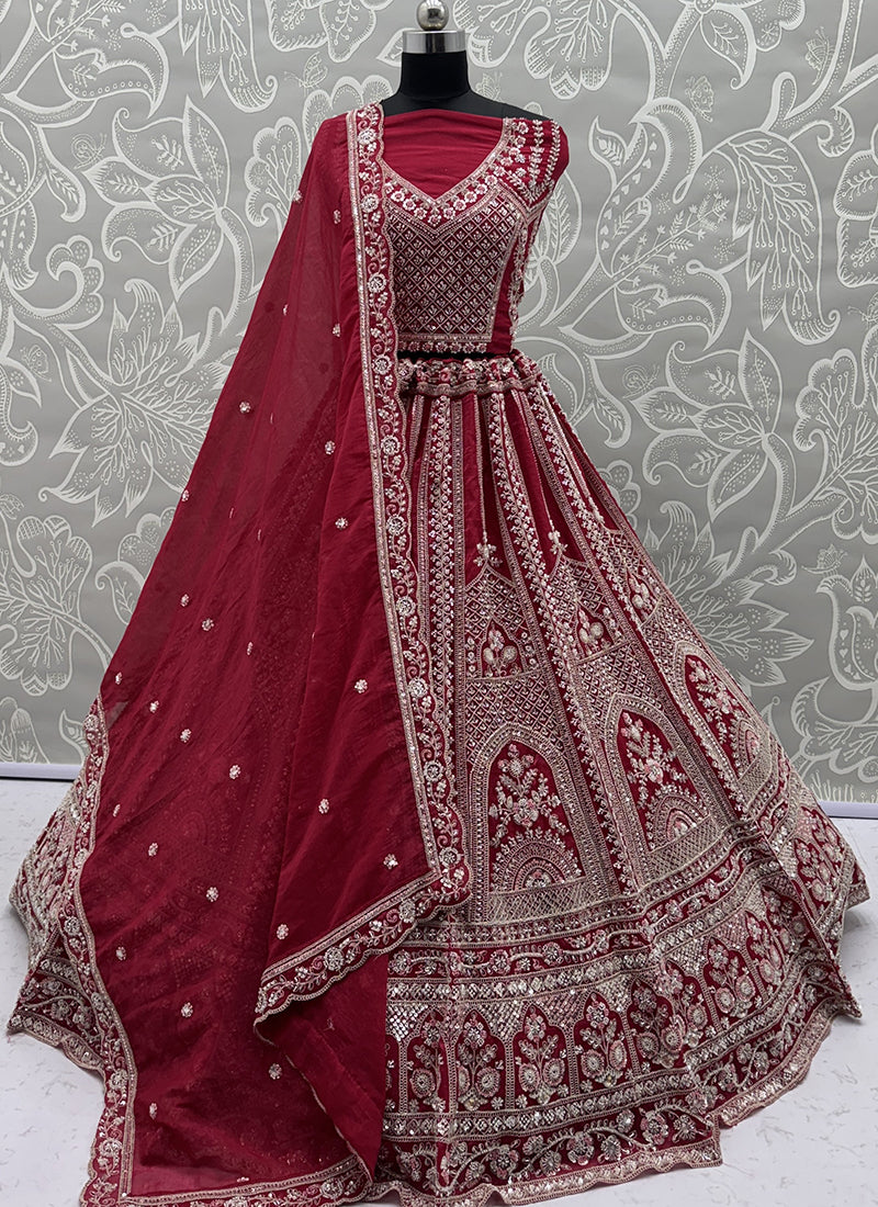 Red Satin Embroidery Work Bridal Wear Lehenga Choli SW281130