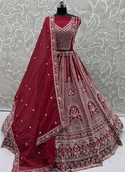 Red Satin Embroidery Work Bridal Wear Lehenga Choli SW281130