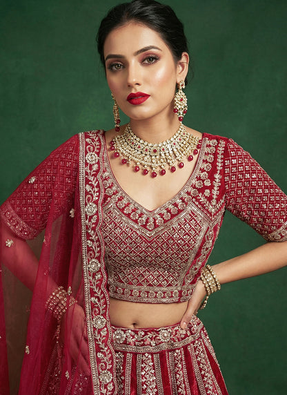 Red Satin Embroidery Work Bridal Wear Lehenga Choli SW281130