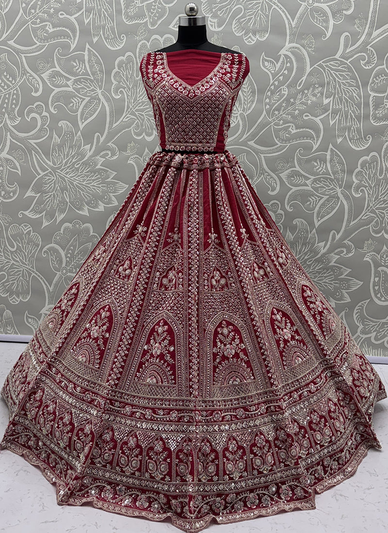 Red Satin Embroidery Work Bridal Wear Lehenga Choli SW281130