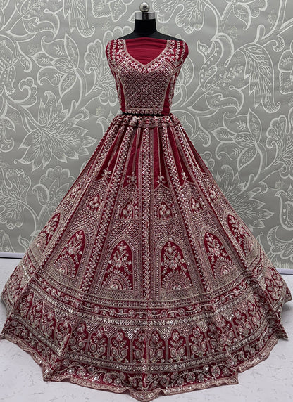 Red Satin Embroidery Work Bridal Wear Lehenga Choli SW281130