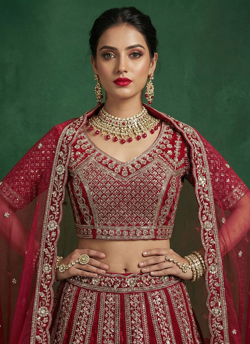 Red Satin Embroidery Work Bridal Wear Lehenga Choli SW281130