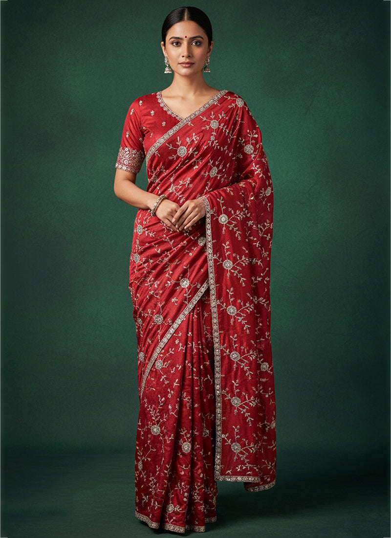 Satin Red Saree with Jarkan Work for Wedding Wear 384478