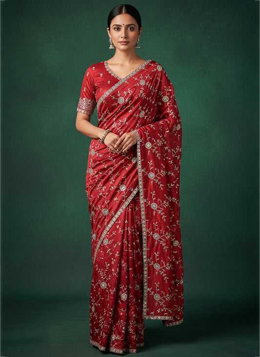 Satin Red Saree with Jarkan Work for Wedding Wear 384478