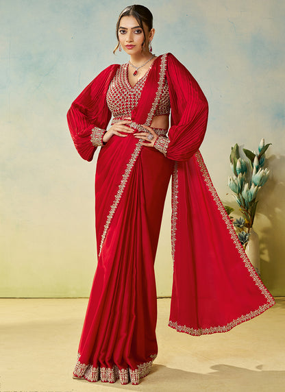 Red Satin Silk Sequin Work Party Wear Ready To Wear Saree SW898324