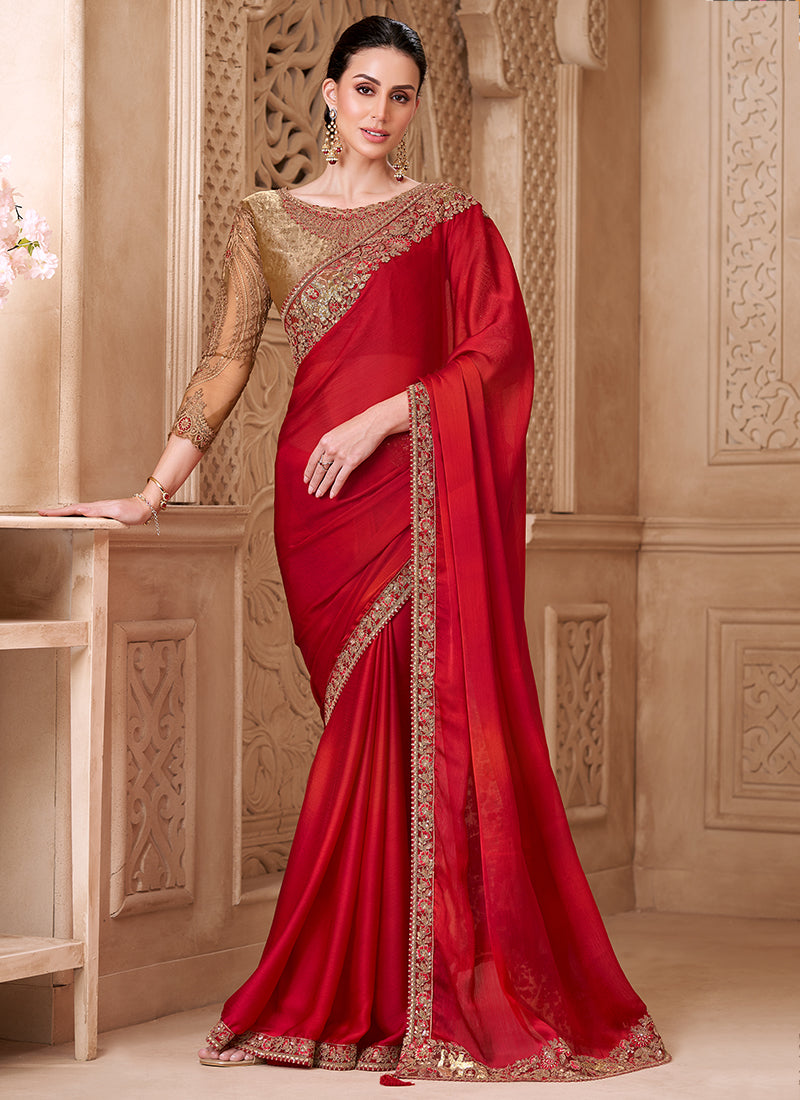 Satin Silk Red Party Wear Embroidery Work Saree 385709