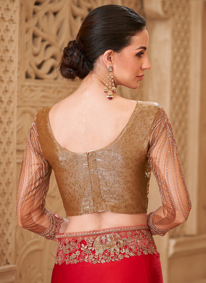 Satin Silk Red Party Wear Embroidery Work Saree 385709