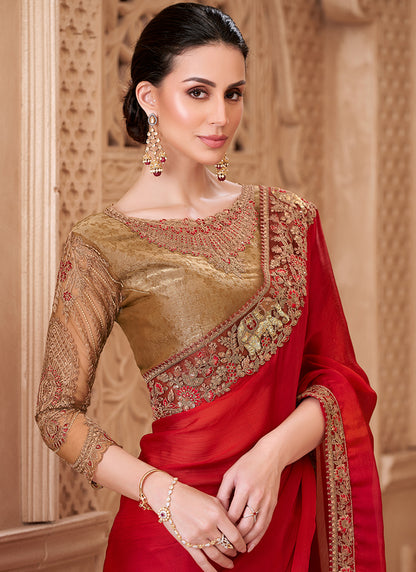 Satin Silk Red Party Wear Embroidery Work Saree 385709