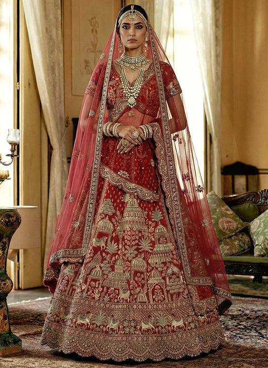 Silk Red Bridal Wear Heavy Work Bridal Lehenga Choli 388359