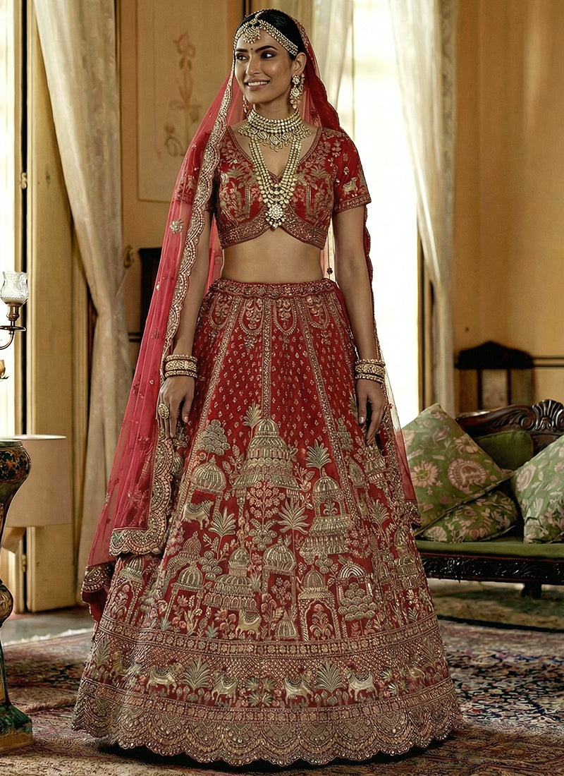 Silk Red Bridal Wear Heavy Work Bridal Lehenga Choli 388359