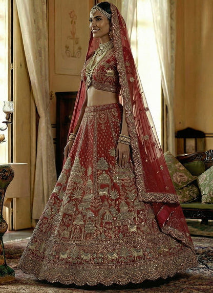 Silk Red Bridal Wear Heavy Work Bridal Lehenga Choli 388359