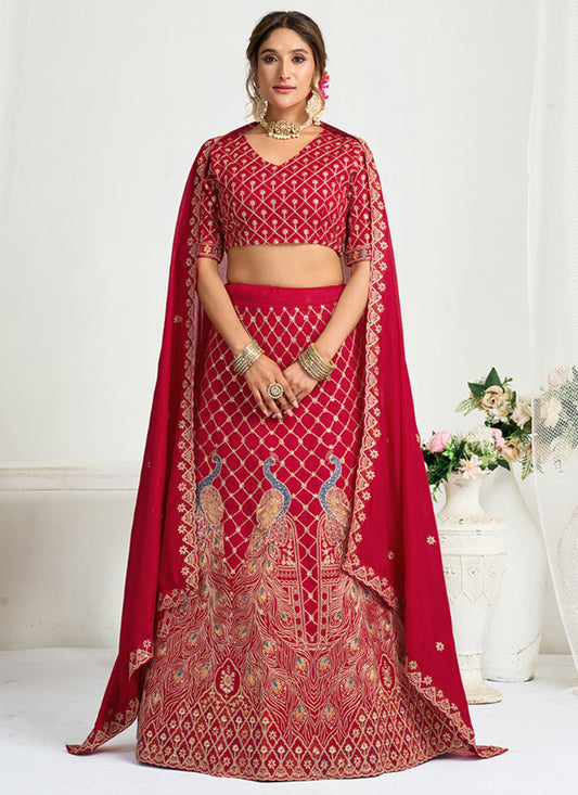 Silk Red Party Wear Zari Embroidery Work Lehenga Choli 386036