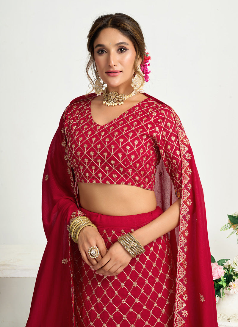 Silk Red Party Wear Zari Embroidery Work Lehenga Choli 386036