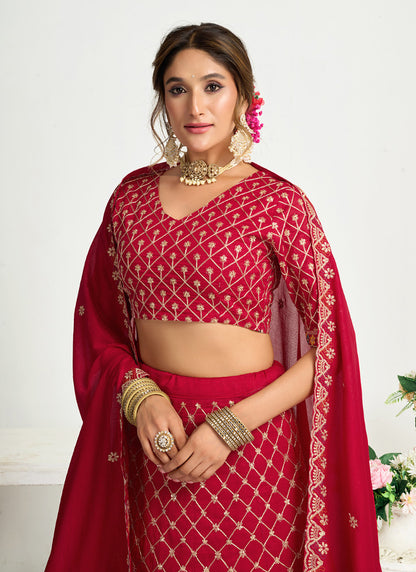 Silk Red Party Wear Zari Embroidery Work Lehenga Choli 386036