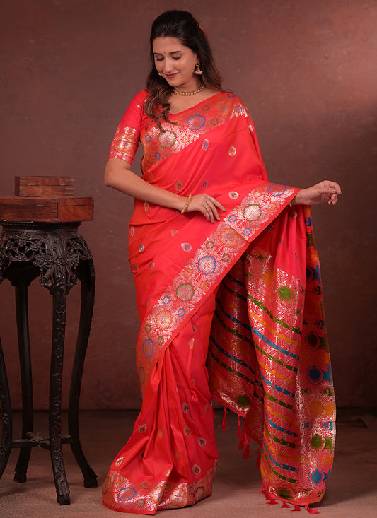 Silk Red Saree with Border Work for Wedding Wear 380892