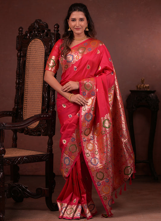 Silk Red Saree with Border Work for Wedding Wear 380895