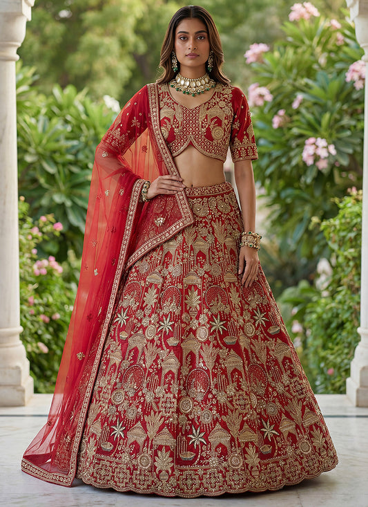 Red Silk Embroidery Work Wedding Wear Lehenga Choli SW703989