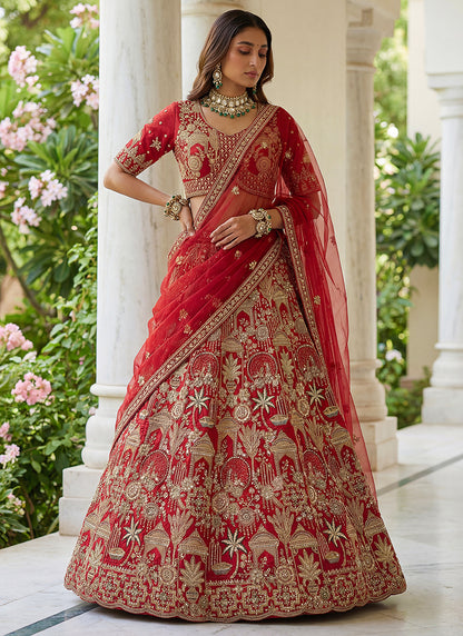 Red Silk Embroidery Work Wedding Wear Lehenga Choli SW703989