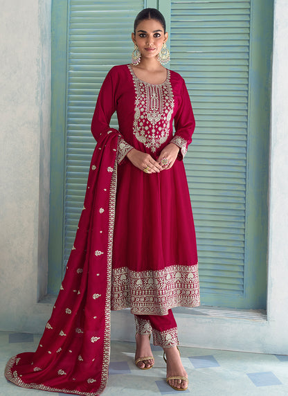 Silk Red Wedding Wear Embroidery Work Readymade Anarkali Suit 385173