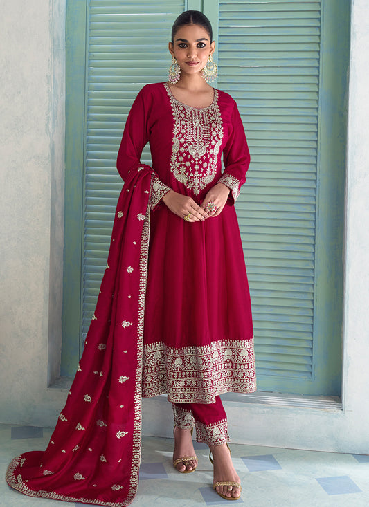 Silk Red Wedding Wear Embroidery Work Readymade Anarkali Suit 385173