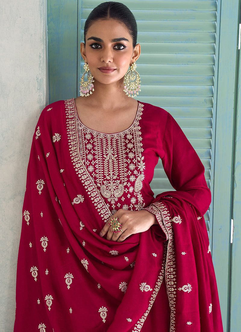 Silk Red Wedding Wear Embroidery Work Readymade Anarkali Suit 385173