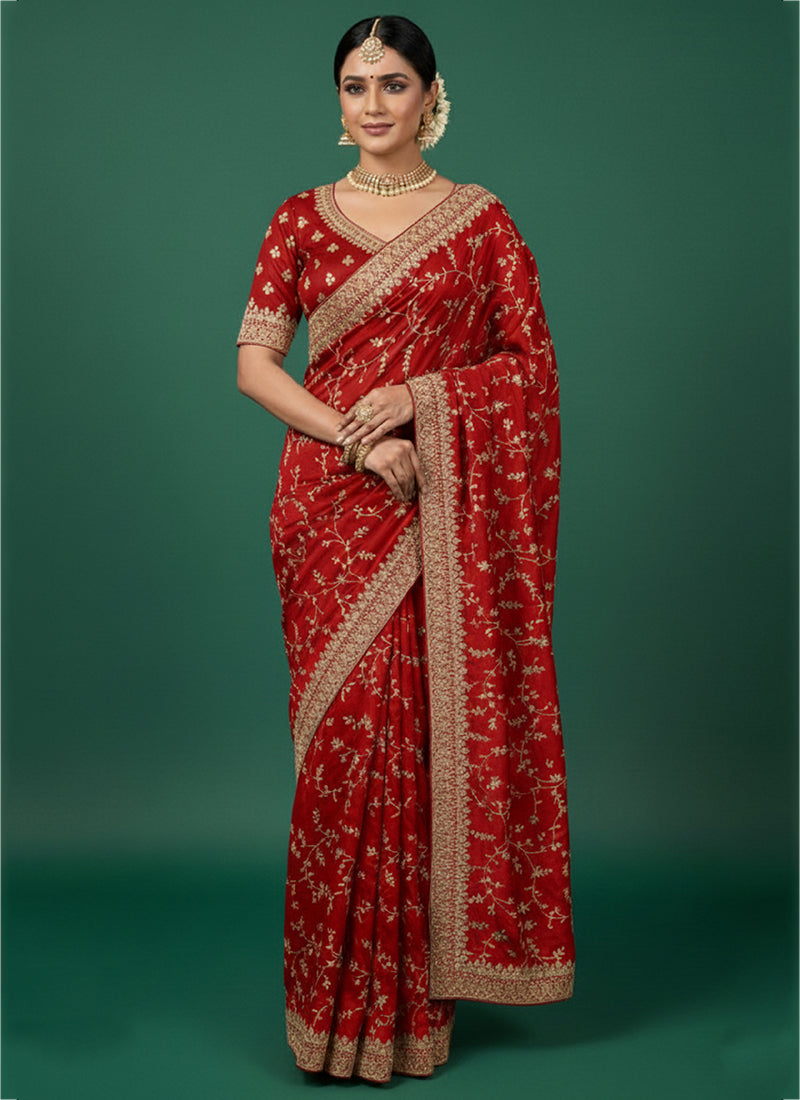 Soft Silk Red Saree with Pita Work for Wedding Wear 384482