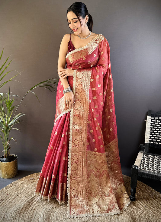 Tissue Silk Red Saree with Border Work for Wedding Wear 381065
