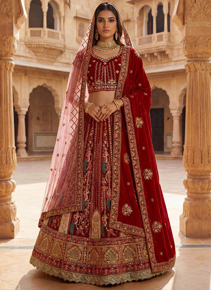 Red Velvet Embroidery Work Bridal Wear Bridal Lehenga Choli SW390997