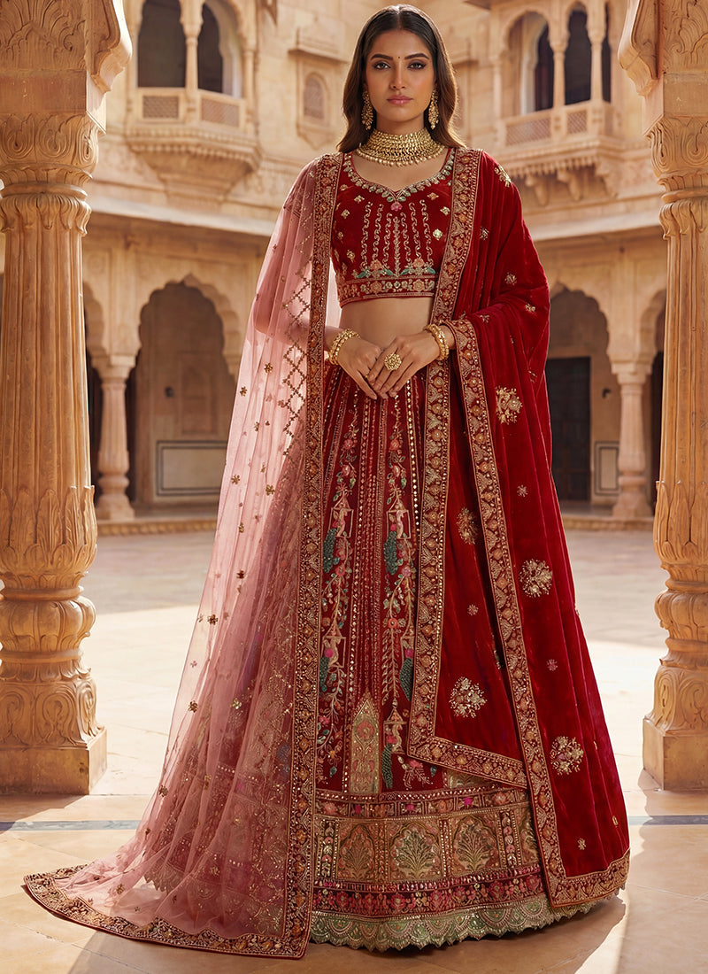 Red Velvet Embroidery Work Bridal Wear Bridal Lehenga Choli SW390997