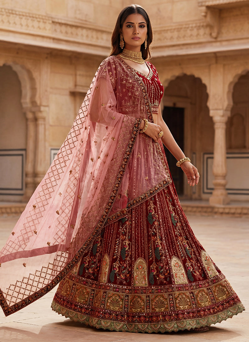 Red Velvet Embroidery Work Bridal Wear Bridal Lehenga Choli SW390997