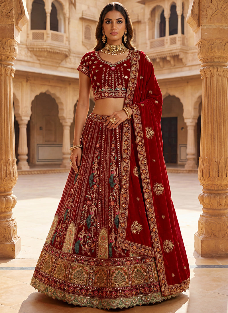 Red Velvet Embroidery Work Bridal Wear Bridal Lehenga Choli SW390997