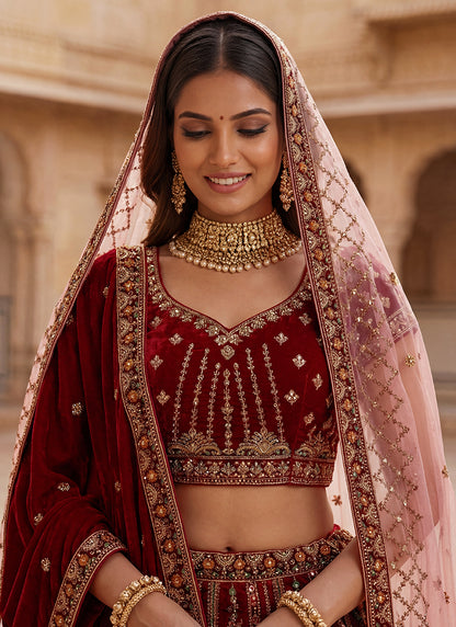 Red Velvet Embroidery Work Bridal Wear Bridal Lehenga Choli SW390997