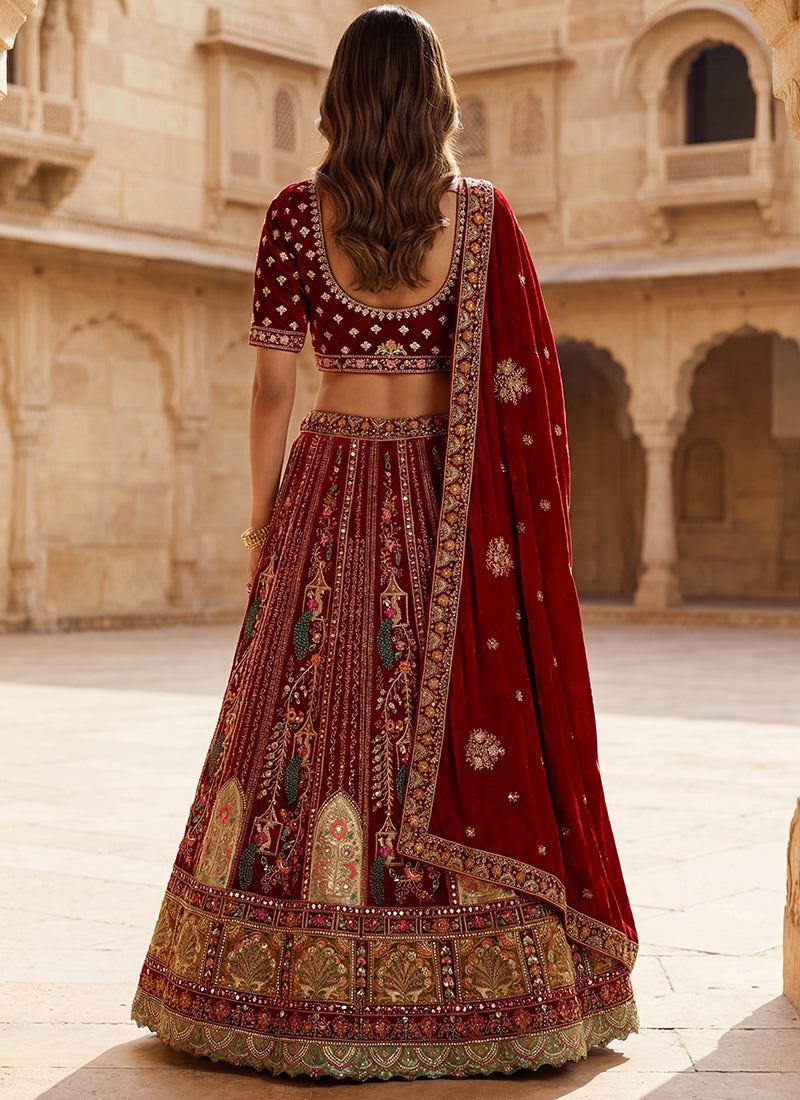 Red Velvet Embroidery Work Bridal Wear Bridal Lehenga Choli SW390997