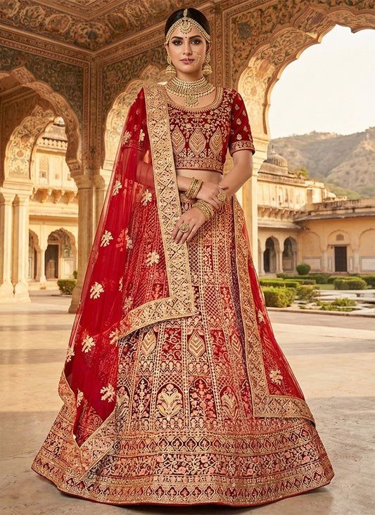 Red Velvet Embroidery Work Wedding Wear Lehenga Choli SW531441