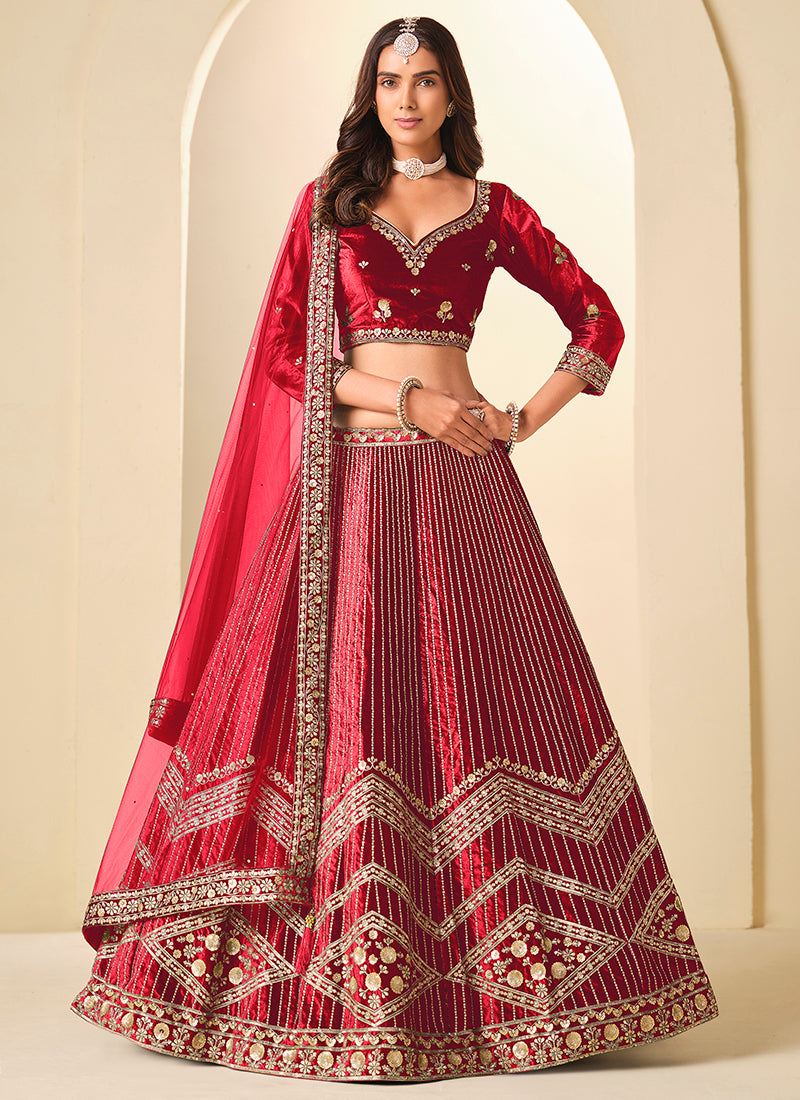 Velvet Red Wedding Wear Sequins Work Lehenga Choli 388580