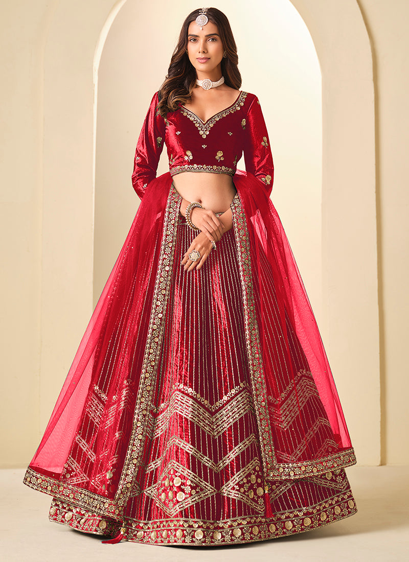 Velvet Red Wedding Wear Sequins Work Lehenga Choli 388580