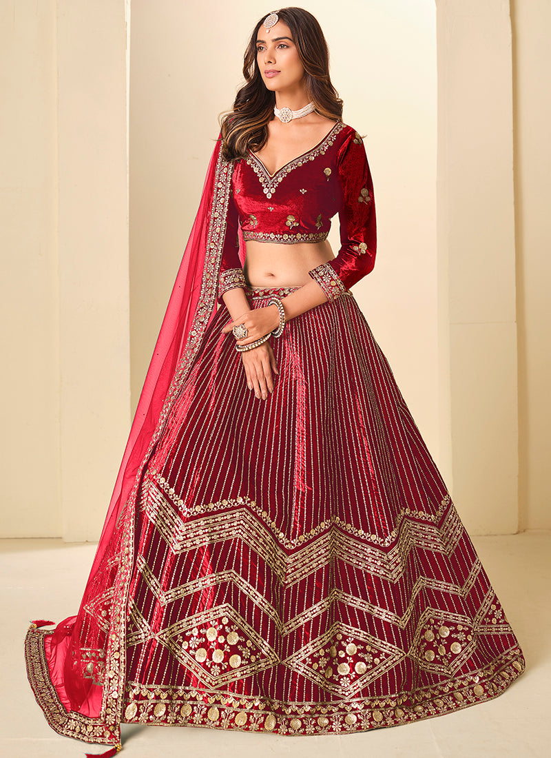 Velvet Red Wedding Wear Sequins Work Lehenga Choli 388580