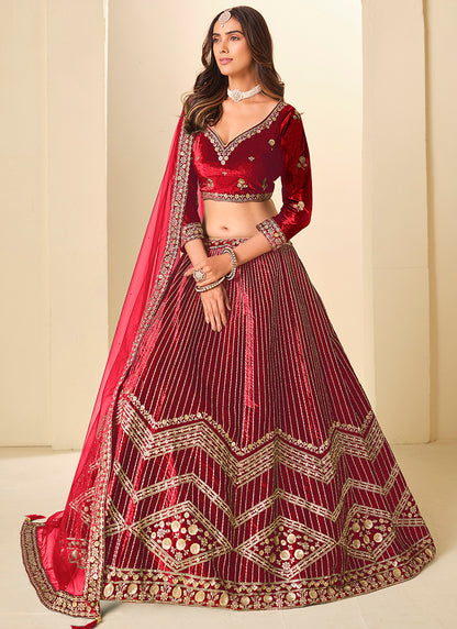 Velvet Red Wedding Wear Sequins Work Lehenga Choli 388580