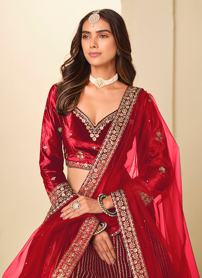 Velvet Red Wedding Wear Sequins Work Lehenga Choli 388580