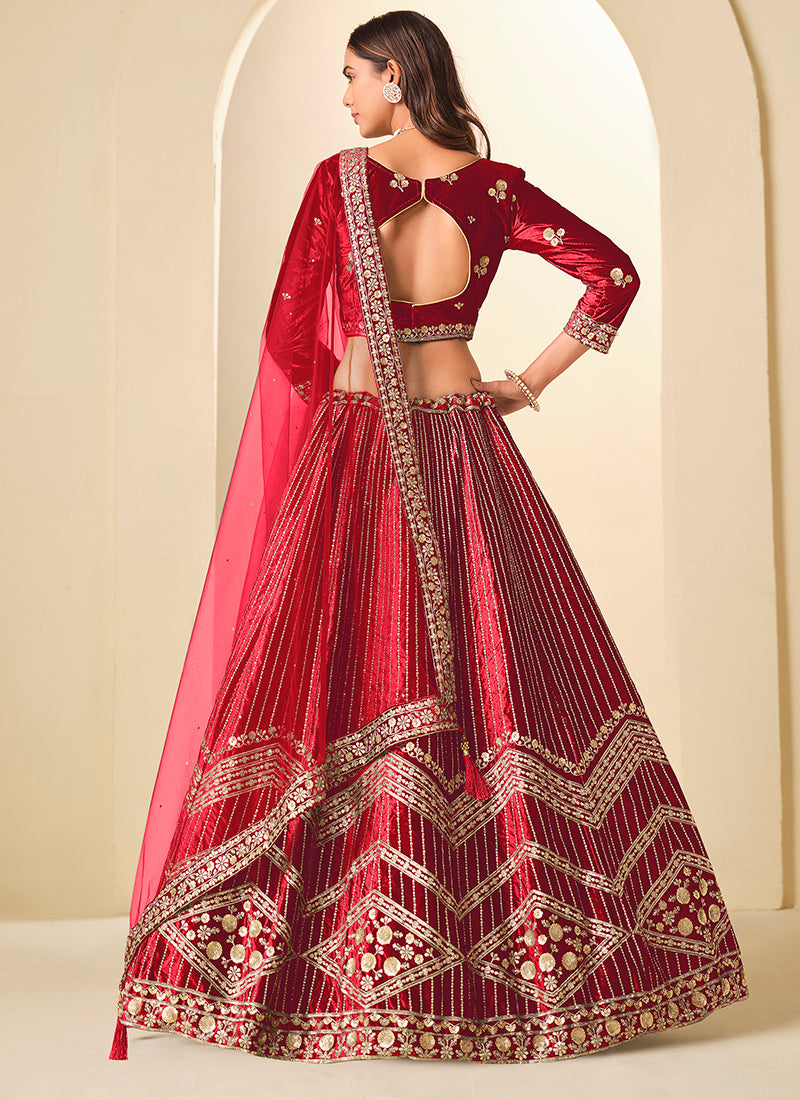 Velvet Red Wedding Wear Sequins Work Lehenga Choli 388580