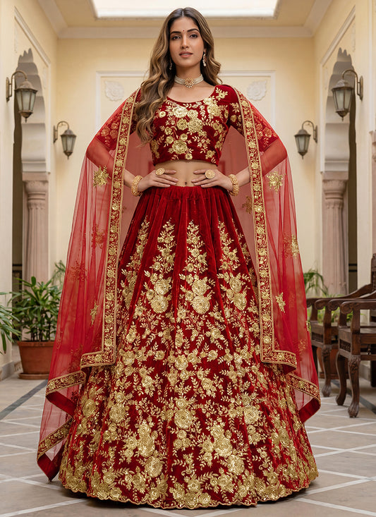 Velvet Red Wedding Wear Thread Work Lehenga Choli 390680