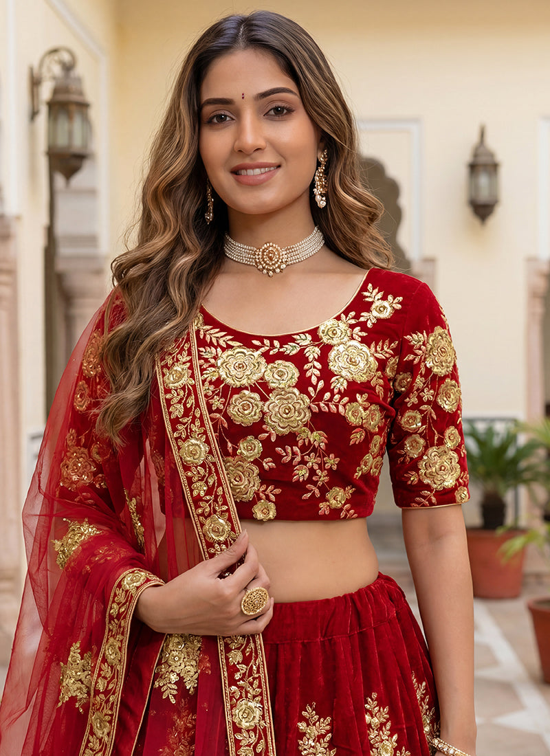 Velvet Red Wedding Wear Thread Work Lehenga Choli 390680