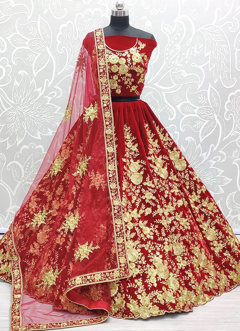 Velvet Red Wedding Wear Thread Work Lehenga Choli 390680