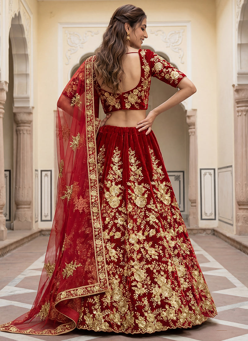 Velvet Red Wedding Wear Thread Work Lehenga Choli 390680
