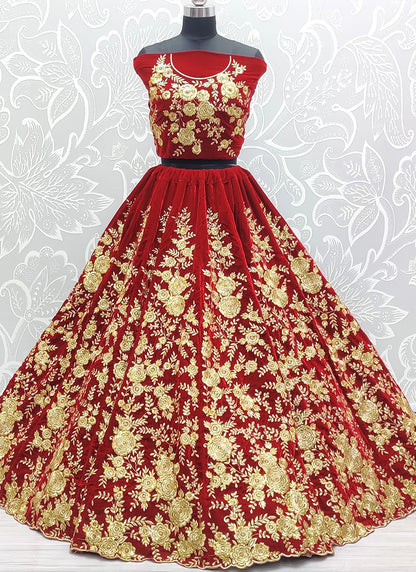 Velvet Red Wedding Wear Thread Work Lehenga Choli 390680