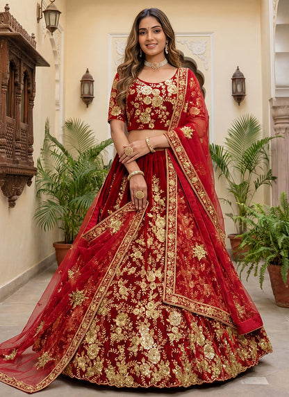 Velvet Red Wedding Wear Thread Work Lehenga Choli 390680