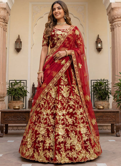 Velvet Red Wedding Wear Thread Work Lehenga Choli 390680