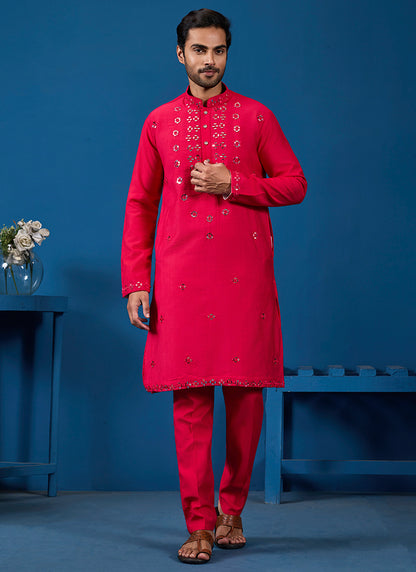 Viscose Silk Red Festive Wear Mirror Work Readymade Kurta Pajama 385852