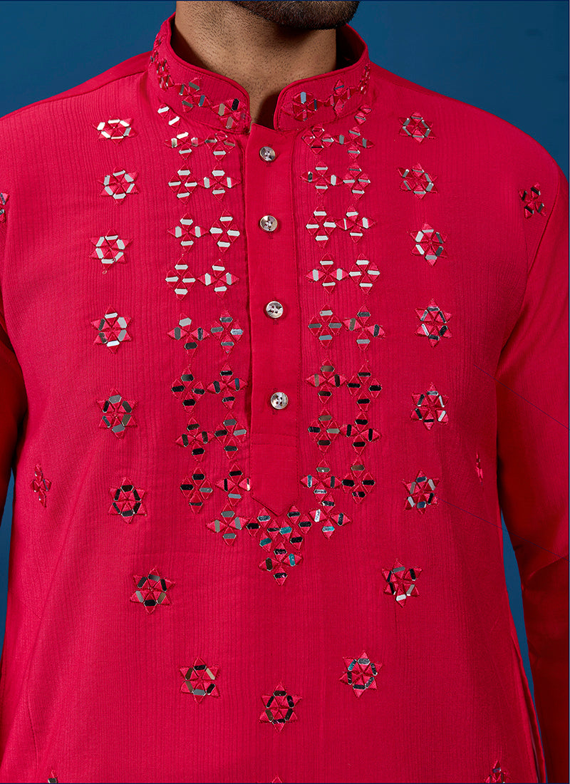 Viscose Silk Red Festive Wear Mirror Work Readymade Kurta Pajama 385852